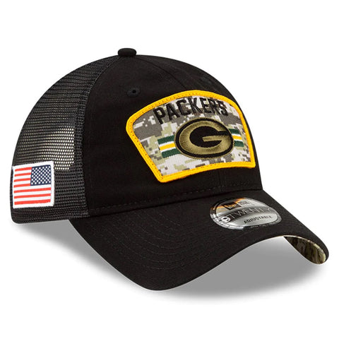 Green Bay Packers New Era Black 2021 Salute To Service Trucker Hat