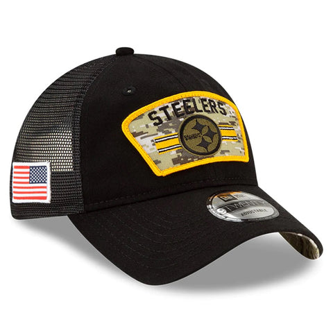 Pittsburgh Steelers New Era Black 2021 Salute To Service Trucker Hat